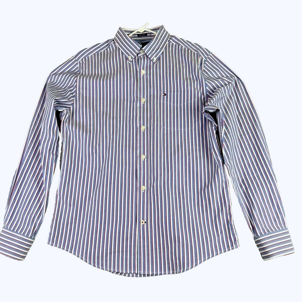 Tommy Hilfiger Mens M Button Down Shirt Red Blue White Striped 100s Preppy Y2K